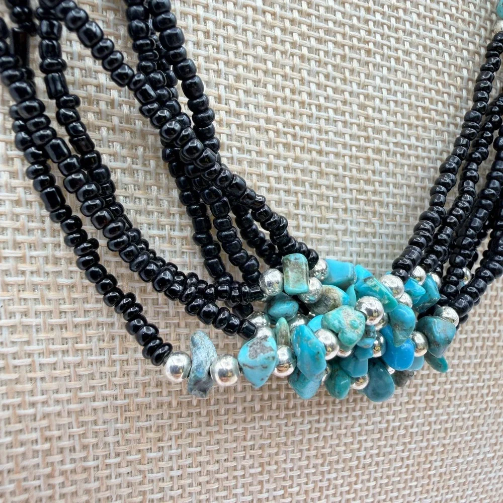 Vintage 90s Multi Strand Turquoise Black Glass Seed Bead Statement Necklace Boho